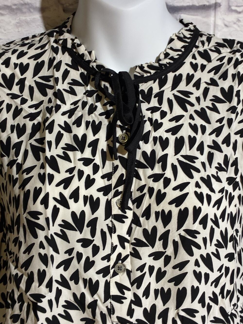 LOFT Womens XS Black White Heart Print Blouse Ruffle Neck Tie 3/4 Sleeve